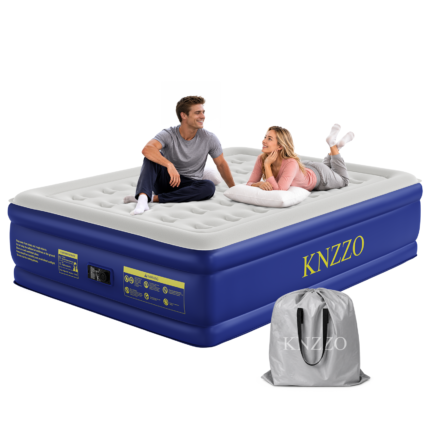 Knzzo Queen Size Air Mattress, 18" Elevated Inflatable Bed with Built-in Pump for Guests & Travel, Blue